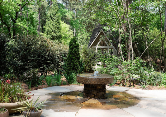 a garden with a fountain in the middle of it